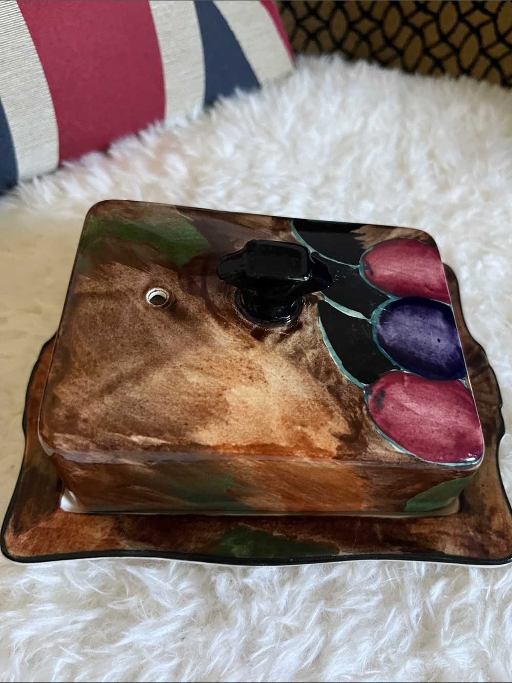 Vintage Handpainted Ceramic Butter Dish with Fruit Motif - Brown, Pink, Purple